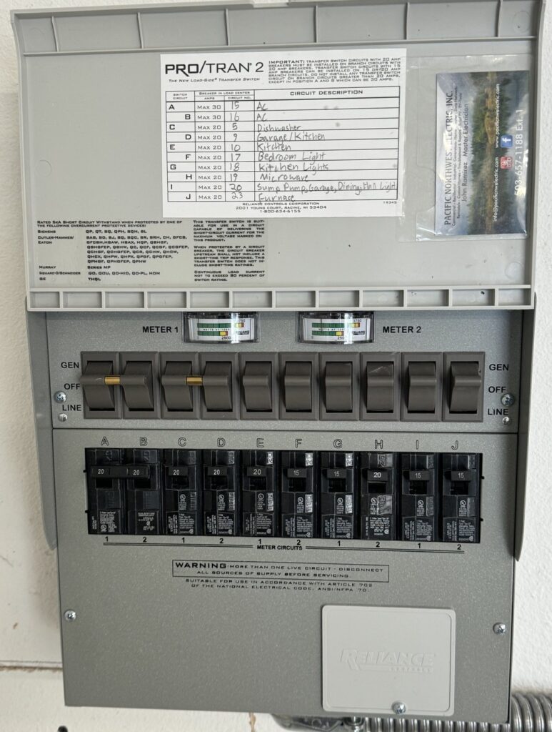 Reliance Pro/Tran 2 manual transfer switch with a labeled circuit directory